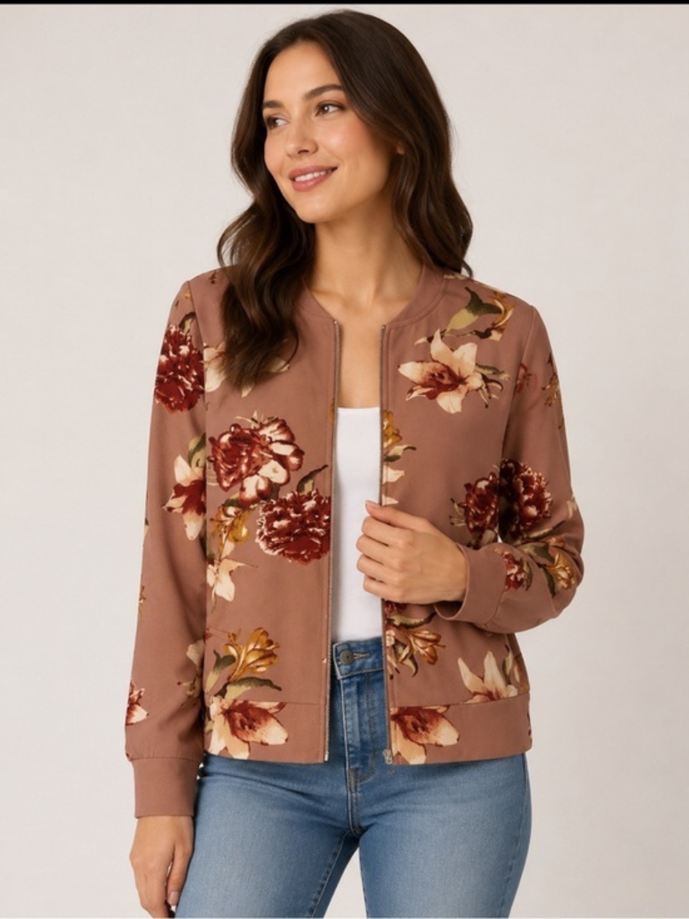Miss Valley Medium Mauve Floral Zip Front Bomber Jacket